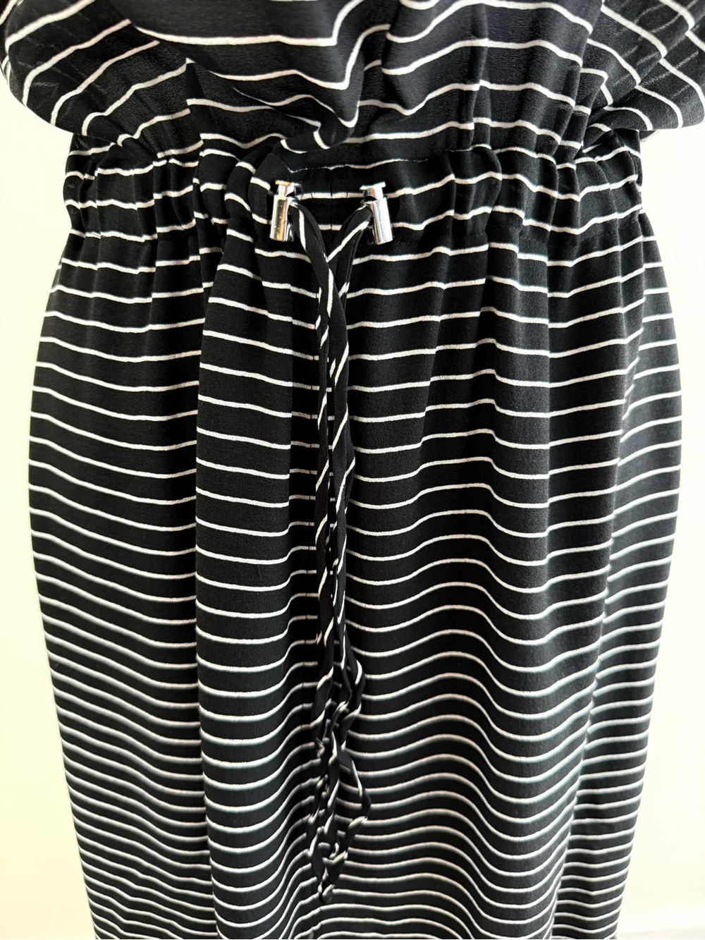 A.L.C ALC silk black white stripe cinch tie waist halter floral trim maxi dress - Picture 6 of 15